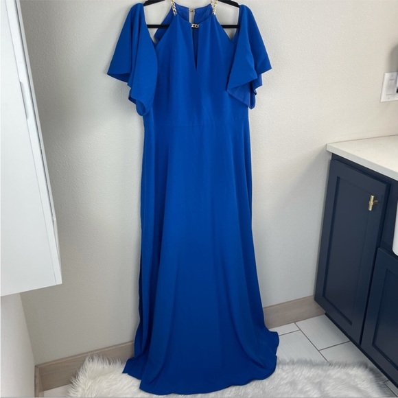 Ted Baker Bennah Cold Shoulder Gold Chain Strap Maxi Dress Cobalt Blue 6 - Picture 4 of 10